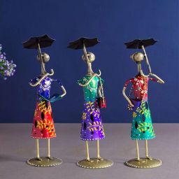 golden peacock Handcrafted Lady With Umbrella Multicolour Colour Wrought Iron (Set Of 3) Figurine-picture-35