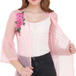 Women Jacket Style 3/4th Sleeve Pink Shrug-image-1