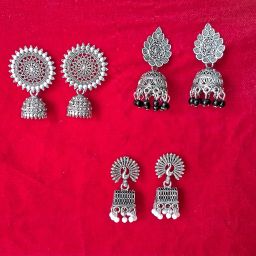 Tribal Fusion Oxidised Jhumka Combo (Set of 3) Sterling Silver Jhumki Earring, Earring Set-image-1