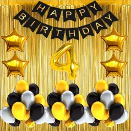 Solid No 4 Gold Foil Balloons with Happy Birthday Decoration Items or Kit Black Banner Set of 13 Letters with 100 HD Metallic Gold , Silver & Black Balloons Decoration + 4 Gold Star shape Foil Balloons for Party Decoration for Boys ,Girls & Kids + 2 Gold Fringe Curtains + 4th Birthday or 4th Year Birthday Gold Foil Balloons Balloon-picture-14