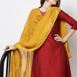 Cotton Blend Striped Yellow Women Dupatta-image-3