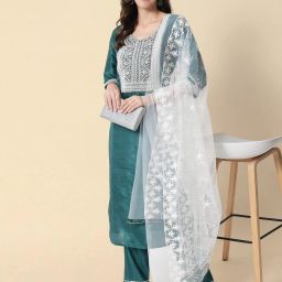 Women Pure Silk Kurta Pant Dupatta Set-image-11