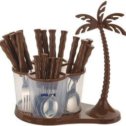 Coconut Cutlery Set for Dining Table with Stand 24 PCs Stainless Steel Cutlery Set (Brown) Stainless Steel Dessert Spoon, Tea Spoon, Table Spoon, Soup Spoon, Ice-cream Spoon-4