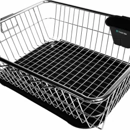 Dish Drainer Kitchen Rack Stainless Steel Dish Drainer Rack with Drip Tray / Utensil Drying Stand for Kitchen / Plate Rack / Bartan Basket With Cutlery Holder / Sink Counter Top Dish Drainer Rack / Kuda Basket (22L x 17W x 9H inches) Steel-13