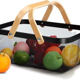 Rectangular Metal Mesh basket for storage | wooden handle | Organiser| Black Iron Fruit & Vegetable Basket-image-74