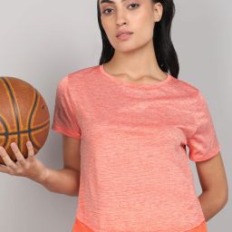 Women Self Design Round Neck Polyester Orange T-Shirt-image-2