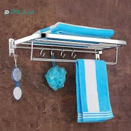 Eco 24 inch Stainless Steel Folding Towel Rack with Hooks (Chrome) SILVER Towel Holder-image-41