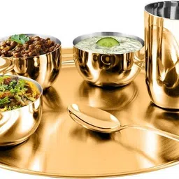 shri & sam Pack of 5 Stainless Steel Thali set Majestic - Gold Dinner Set-picture-6