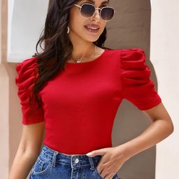 Casual Puff Sleeves Self Design Women Red Top-image-22