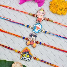 Kids Rakhi for kids Micky mouse doramon ganesha pub g rakhi set for kids Mauli Thread Chawal Roli Pack, Rakhi, Greeting Card Set-26