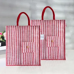 homestic Jute Lining Front Pocket Carry Shopping Bag with Handle|Medium|Pack of 2|Red Pack of 2 Grocery Bags-picture-33