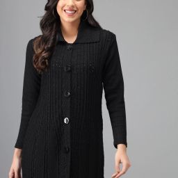 Women Woven Collared Neck Black Sweater-image-4