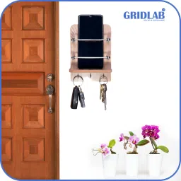 Gridlab Wooden Single Mobile HolderStand With 3 Key Hooks for Keys,Phone Charging,Remote Mobile Holder image 2