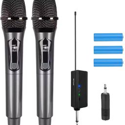Dual UHF Wireless Microphone System with Receiver & Rechargeable Batteries Microphone-image-60
