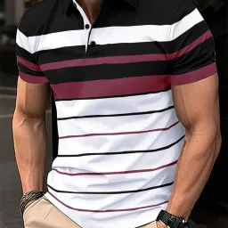 Men Striped Polo Neck Cotton Blend White, Black, Pink T-Shirt-image-39
