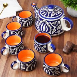 Pack of 7 Ceramic Handpaint Tea Set-Mughal Art Blue Kettle With 6 Matching Cup Traditional Design-image-9