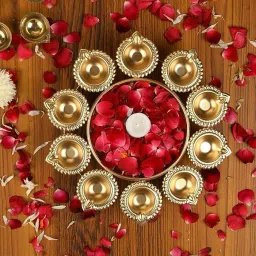 Pack includes 12 brass-finish decorative diyas with center bowl Iron Table Diya-image-14