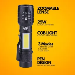 mz M919 (RECHARGEABLE LED METAL TORCH) Zoomable with 25W Laser COB, 500mAh Battery Torch image 3