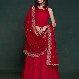 Fusionic Shoulder Straps Tiered Ruffled Georgette Flared Maxi Ethnic Dress with Dupatta-image-23