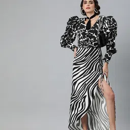 KASSUALLY Women White & Black Animal Printed Power Shoulder Maxi Dress-image-66