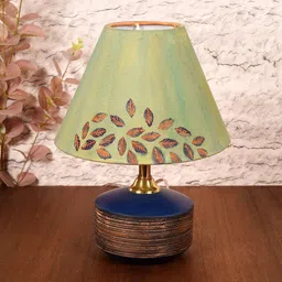 AAKRITI ART CREATIONS Ocean Mist Green & Blue Leaf Printed Terracotta Table Lamp & Shade-56