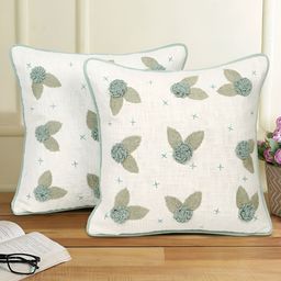 eyda Sea Green & White 2 Pieces Embroidered Square Cotton Cushion Covers-12