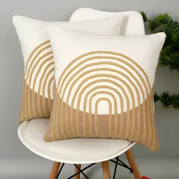 eyda White & Brown 2 Pieces Abstract Cotton Square Cushion Covers-picture-43