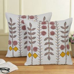 eyda White & Peach-Coloured 2 Pieces Cotton Embroidered Square Cushion Covers-36