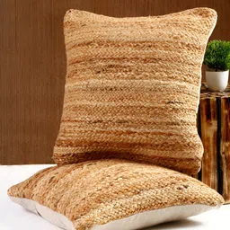eyda Camel Brown 2 Pieces Striped Jute Cotton Square Cushion Covers-33