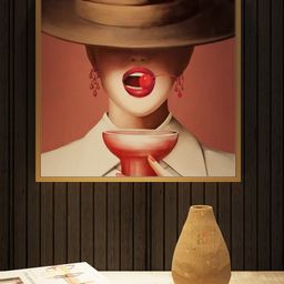 Art Street Brown Modern Hat Girl With Wine Canvas Printed Framed Wall Painting-image-14