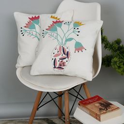 eyda White & Green 2 Pieces Floral Cotton Square Cushion Covers-56