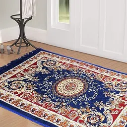 Kuber Industries Blue & Beige Ethnic Motifs Printed Velvet Carpet-29