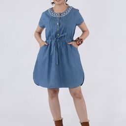 SUMAVI-FASHION Embroidered Tie-Up Neck Curved Denim A-Line Dress-image-10