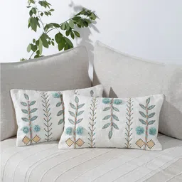 eyda White & Turquoise Blue 2 Pieces Cotton Embroidered Rectangle Cushion Covers-23