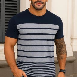 Men Colorblock Round Neck Cotton Blend Navy Blue, Grey T-Shirt-image-2