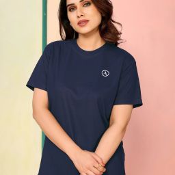 Women Solid Round Neck Polyester Dark Blue T-Shirt-image-70
