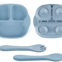 Combo of Silicone Suction Plate, Silicone Spoon & Fork For Baby Feeding - Pack of 3 Baby Dinner Set, Silicone-20