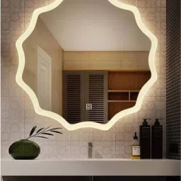 Round Zig Zag Frame Wall Mirror with Touch Sensor & Light Size:18" x 18" Bathroom Mirror-image-24