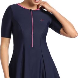 speedo Swimdress With Boyleg - Endurance10 Closedback Short Sleeve Floral Print Women Dark Blue Swimsuit-picture-28