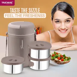 trueware 3 Insulated Hot and Cold Lunch Box With 3 SS Container 300 ML Each 3 Containers Lunch Box image 2