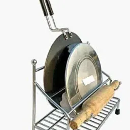 Chakla/Belan Kitchen Rack SmartBuy 4 in 1 Stainless Steel Chakla Belan Tawa Chimta Lighter (Only Stand Holder) Steel Kitchen Rack (Silver) Utensil Kitchen Rack Steel-image-85