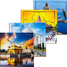 Pack of 4 Wonders of India Jigsaw Puzzle Set Wooden Golden Temple Paperless Toy-image-37