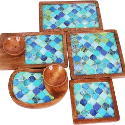 AZURE MANGO WOOD PLATTER SET OF 5 PLATTERS AND 2 BOWLS Tray, Bowl, Chip & Dip Tray Serving Set-21