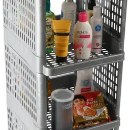 Multipurpose 4-Shelf Office Storage Trolley Rack with Wheels|Gray Plastic Kitchen Trolley-image-85
