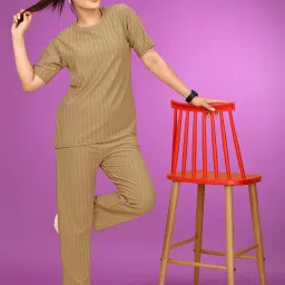 Women Top & Pyjama Set Beige Self Design-image-40