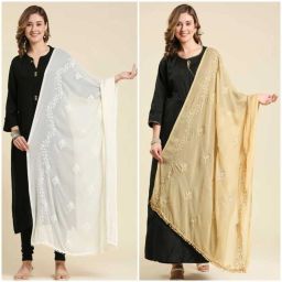 Chiffon Embroidered White, Beige Women Dupatta-image-86
