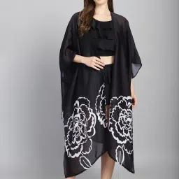 Black and White Floral Long Slit cover up Sarong Floral Print Women Swim Top Black Swimsuit-image-41