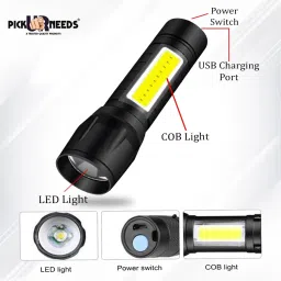 pick ur needs Zoomable Rechargeable LED 3 Modes COB 9W Flashlight Torch 4 hrs Torch 8 hrs Torch Emergency Light image 2