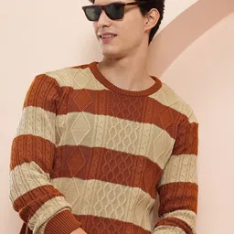 mast & harbour Men Striped Round Neck Red Sweater-picture-42