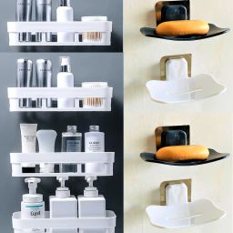 White Bathroom Shelves 4 Pcs + Soap Stand 4 Pcs Multipurpose and Rack for Home Plastic Wall Shelf-22
